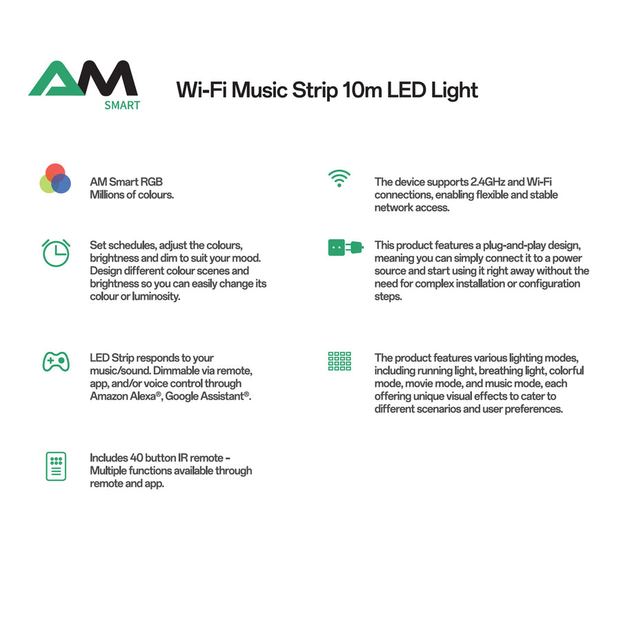 AM NewTechnologies WiFi TUYA SMART 10M RGB LED Strip with Remote Controller 30 LEDs/m, 120 degrees Beam angle, Cuttable every 6 LEDs