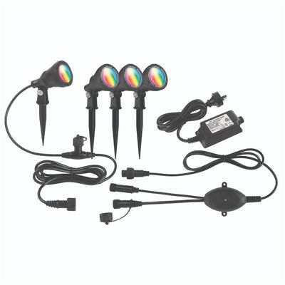 Brilliant Smart WiFi RGB Garden Light Kit Smart App Control 4x LED Spotlight - Each with 2.2m Cable - 160mm Plastic Stake - 3W Per Head RGB - IP68 - Remote Control Enabled