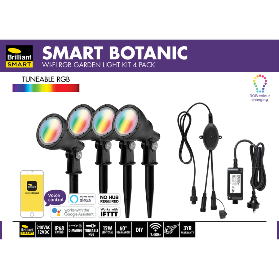 Brilliant Smart WiFi RGB Garden Light Kit Smart App Control 4x LED Spotlight - Each with 2.2m Cable - 160mm Plastic Stake - 3W Per Head RGB - IP68 - Remote Control Enabled