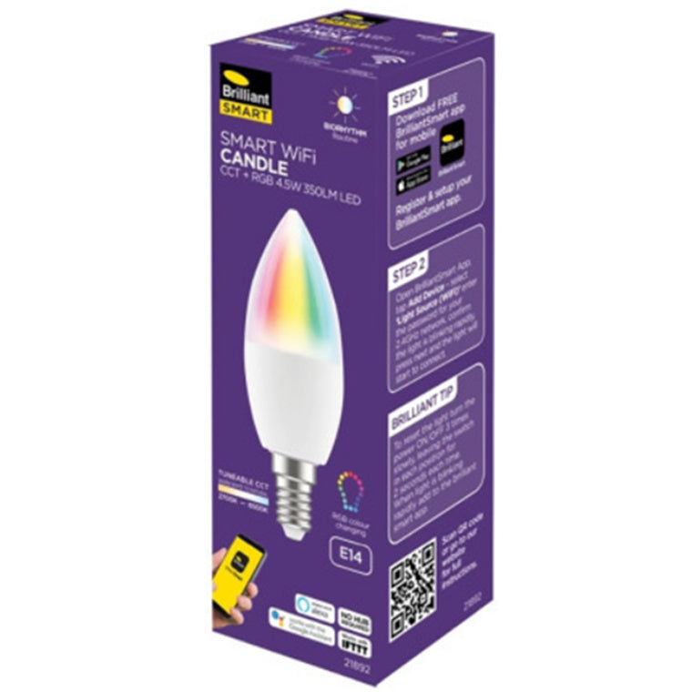 Brilliant Smart WiFi LED RGB Smart Light Bulb E14 C37, 350 Lumens, 4.5W, Dimmable, Bio-Rhythm Lighting Via BrilliantSmart App Remote Control Enabled 220 degrees Beam Angle
