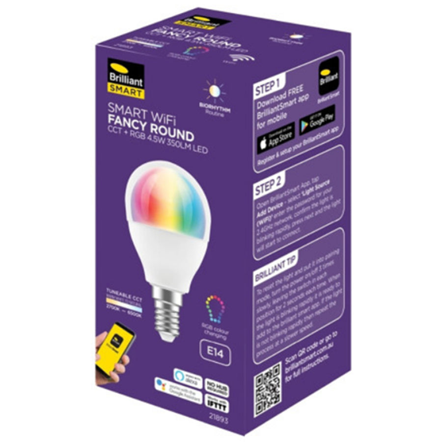 Brilliant Smart WiFi LED RGB Smart Light Bulb E14, G45, 350 Lumens, 4.5W, Dimmable, Bio-Rhythm Lighting Via BrilliantSmart App Remote Control Enabled 220 degrees Beam Angle