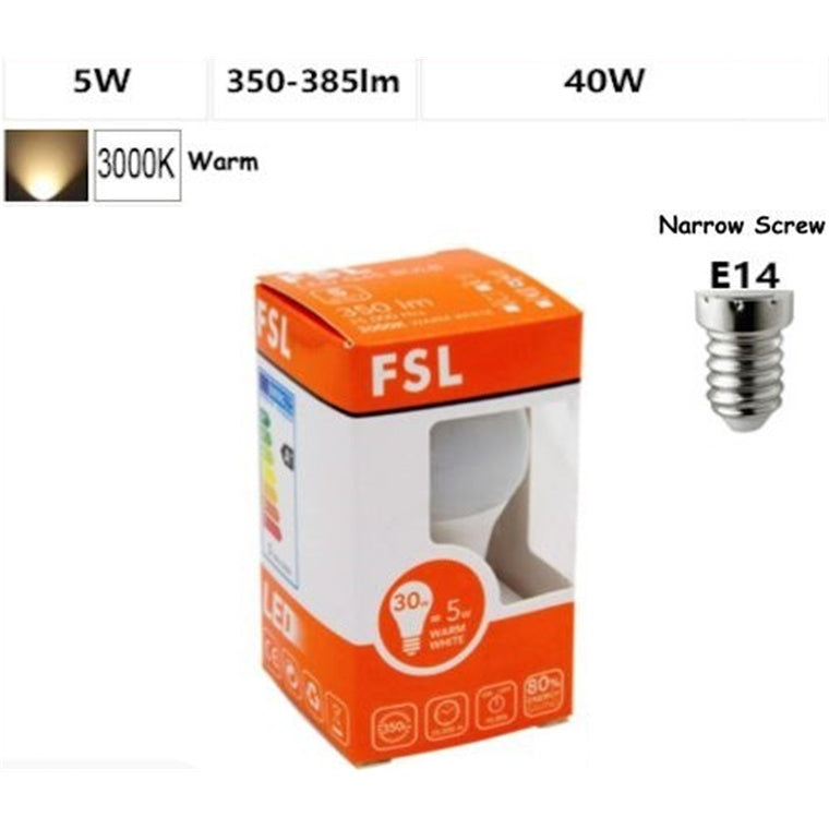 FSL 5w LED G45 Bulb - Warm White 3000K, Non-Dimmable, 350 Lumens E14 Edison Screw