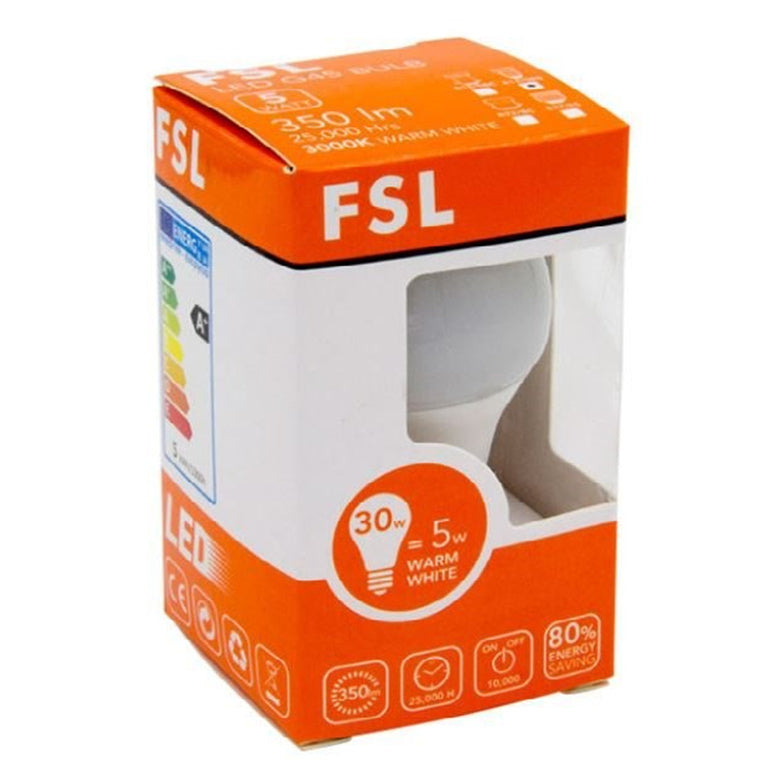 FSL 5w LED G45 Bulb - Warm White 3000K, Non-Dimmable, 350 Lumens E14 Edison Screw