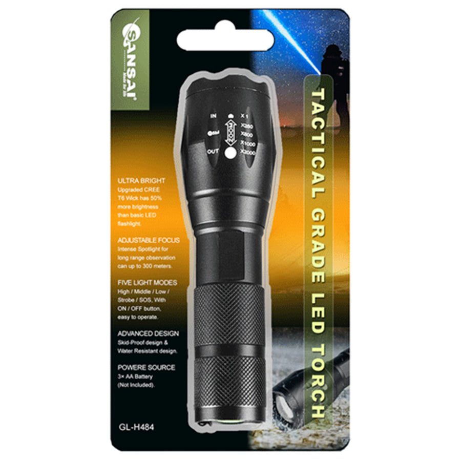 Sansai GL-H484 Aluminium Torch 300LM Ultra Bright,  Adjustable Focus, Five Light Modes, inc SOS, Skid-Proof design & Water Resistant