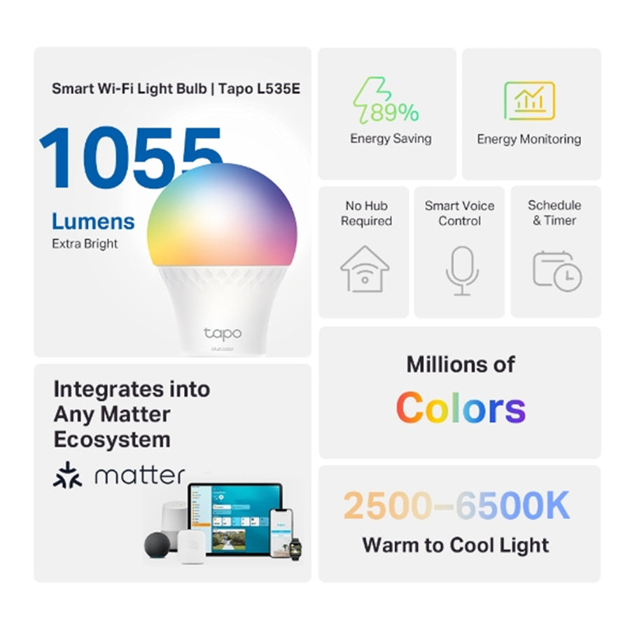 TP-Link Tapo L535B Smart Wi-Fi RGB LED Bulb, B22, 1055 Lumens, 2500-6500K, Dimmable, Matter-Certified