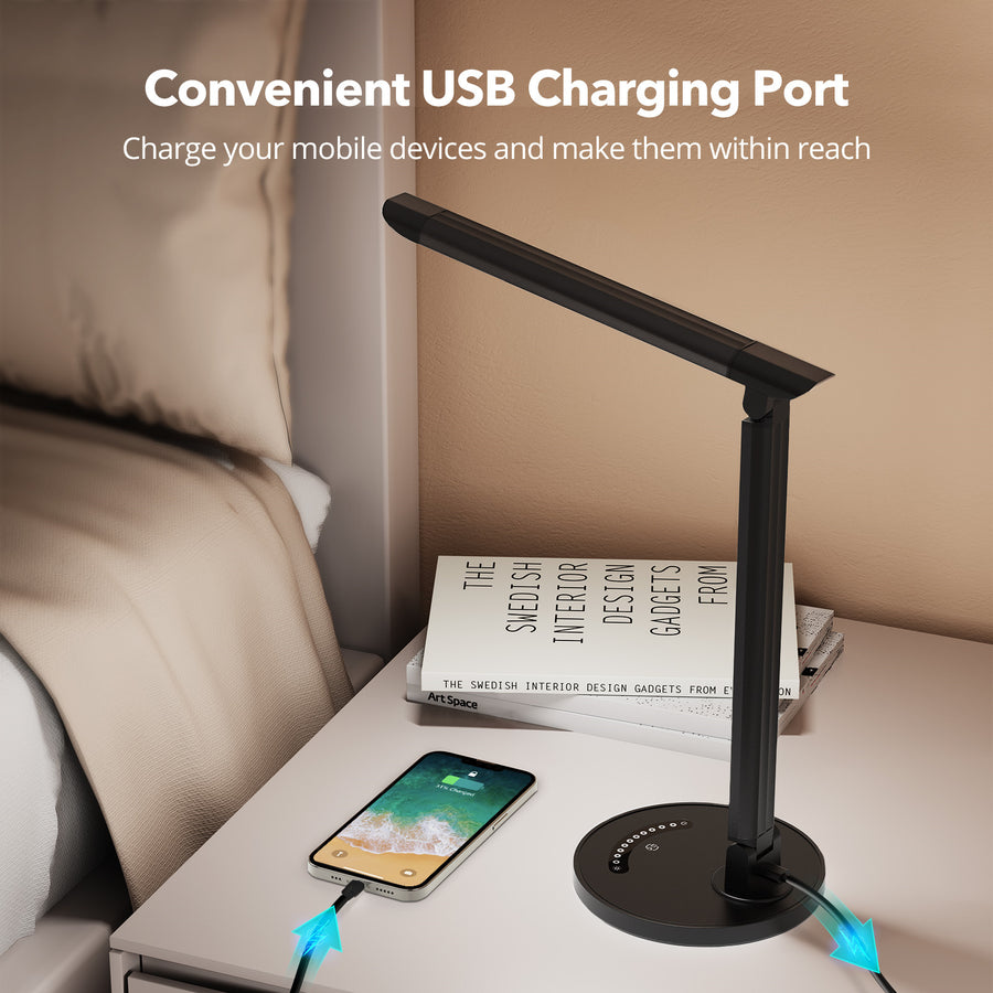 Taotronics TT-DL13 LED Desk Lamp (Black) Brightness: 510lm, Color Temperature: 2700K-6000K with one USB Output Port: DC 5V,1A