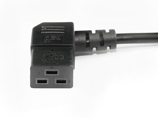 RackPower CM2NC200-SR - 15A 3 pin plug to 16A C19 IEC right angled socket on 2m 1.5mm2 Black lead