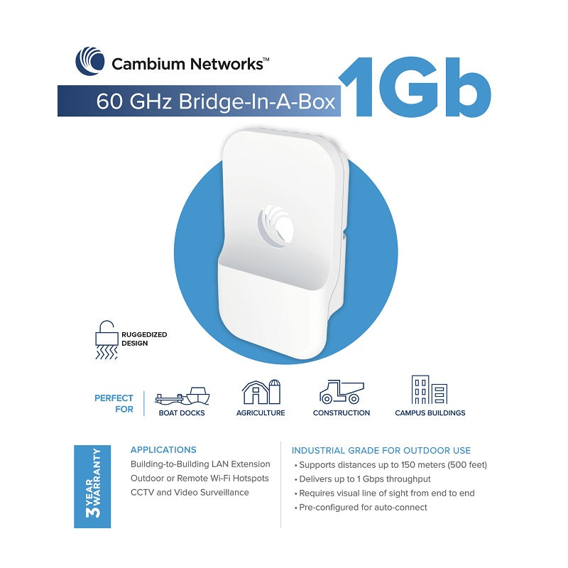 Cambium Networks C600510C008 - Cambium cnWave 60 GHz Bridge in a Box 1Gbps Full Duplex Wireless Backhaul