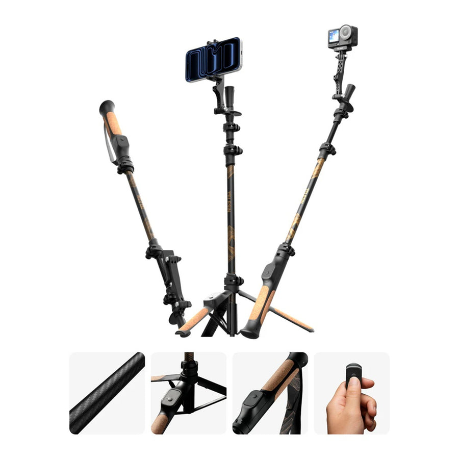 Telesin TrekShot 3-in-1 Carbon Fiber Selfie Stick Multifunctional Hiking Trekking Pole with Hidden Tripod & 10M Bluetooth Remote