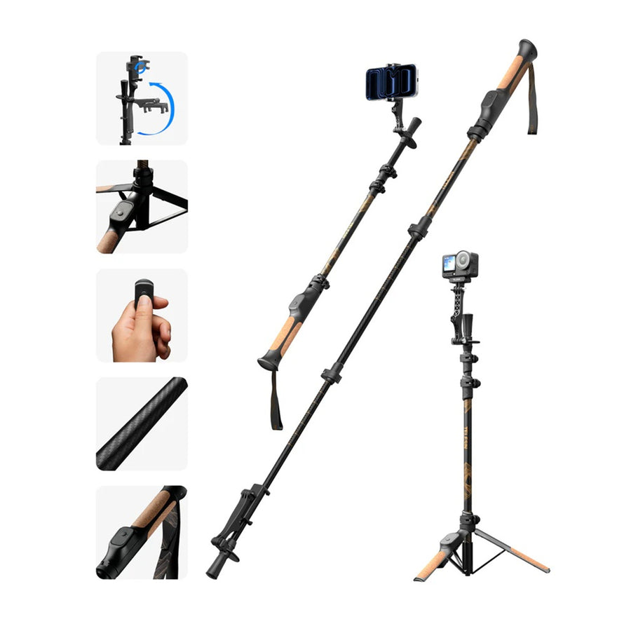 Telesin TrekShot 3-in-1 Carbon Fiber Selfie Stick Multifunctional Hiking Trekking Pole with Hidden Tripod & 10M Bluetooth Remote
