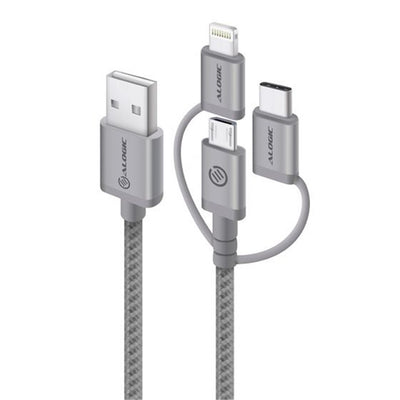 Alogic MU23T1-030SGR 3-in-1 USB Charge Cable - 30cm - Space Grey Rugged - Supports Micro USB / Lightning / USB-C