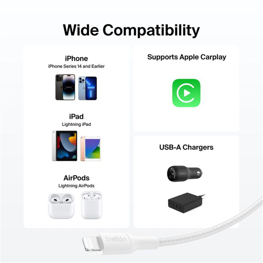 Belkin CAA020FQ2MWH - Braided USB-A Cable LTG Connector 2m WH