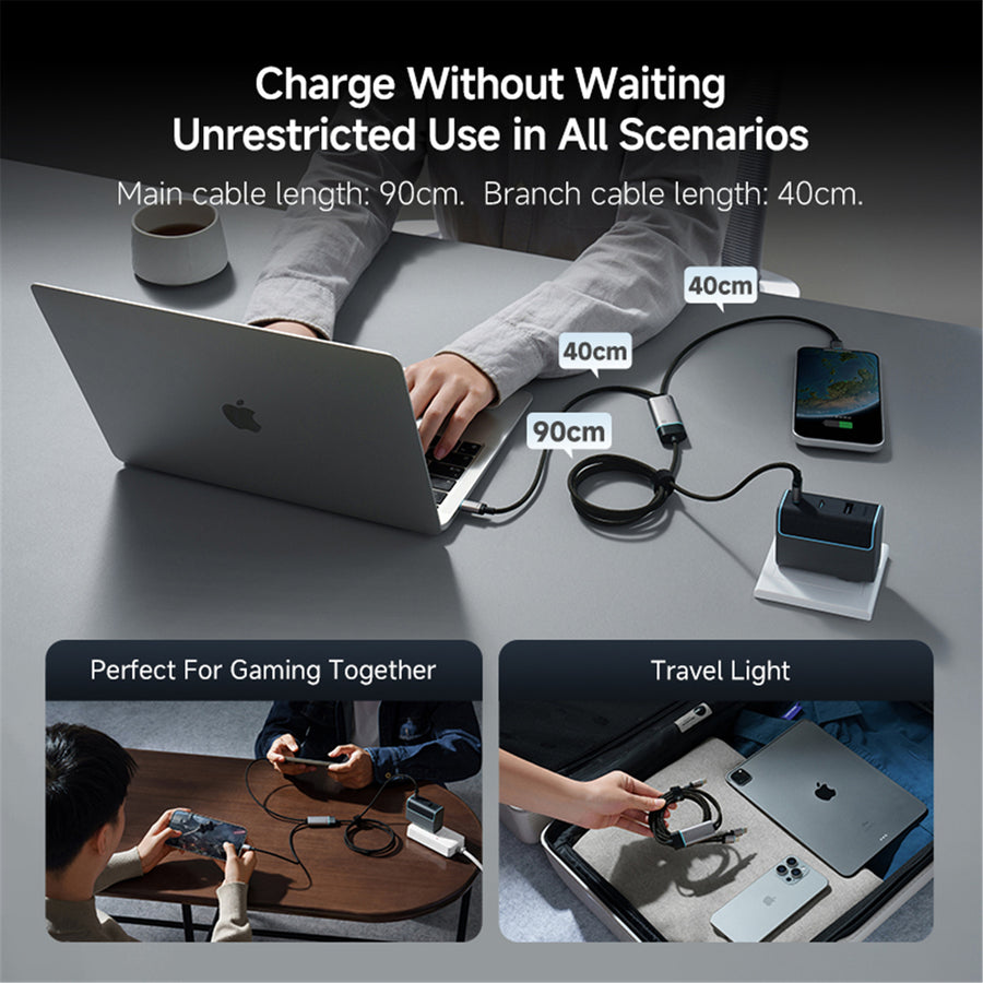 CUKTECH 100W 5A 1.35m USB-C to 2 USB-Cs Fast Charging Braided Cable - Black-