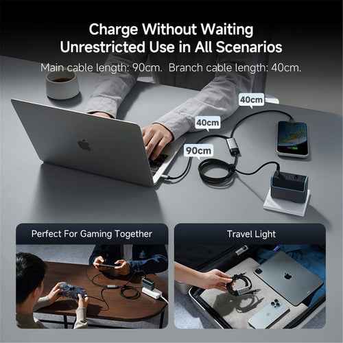 CUKTECH 100W 5A 1.35m USB-C to 2 USB-Cs Fast Charging Braided Cable - Black-