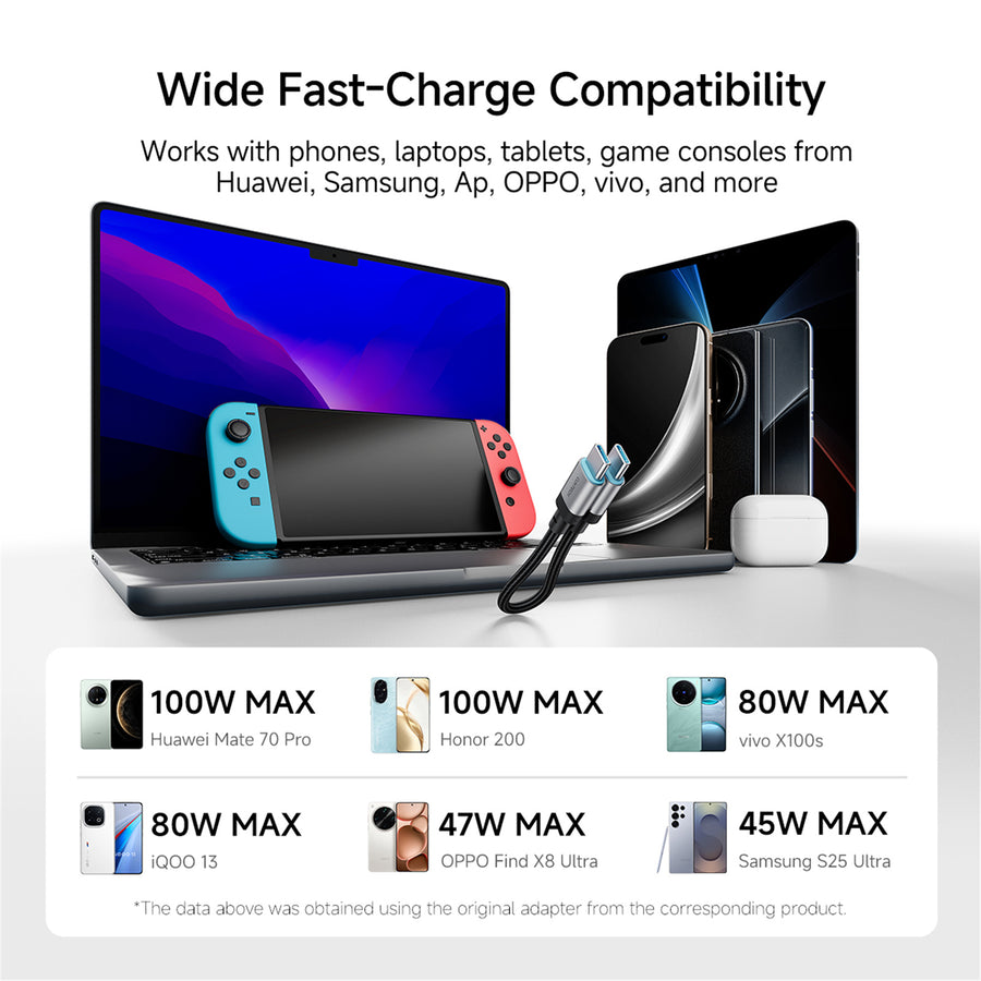 CUKTECH 240W 6A 15cm USB-C to USB-C Magnetic Ports Fast Charging Braided Cable - Black -