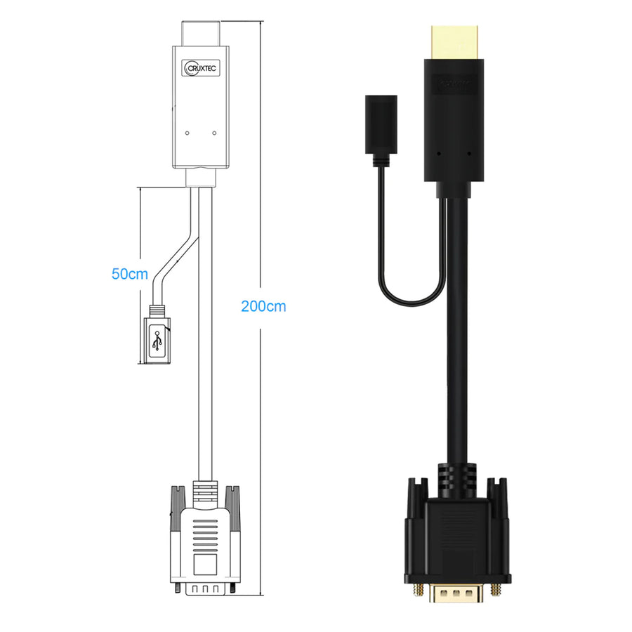 Cruxtec 2m HDMI Male to VGA Male Cable with Micro USB Female ( 1920x1080 )
