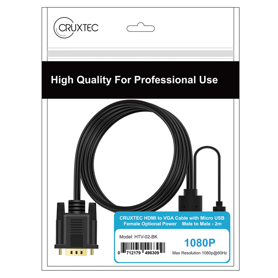 Cruxtec 2m HDMI Male to VGA Male Cable with Micro USB Female ( 1920x1080 )