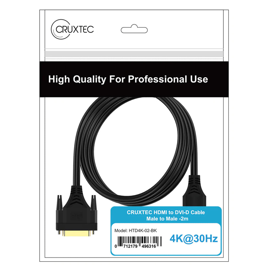 Cruxtec 2m HDMI Male to DVI Male ( 24+1) Cable - Single Link  - 4K/30Hz