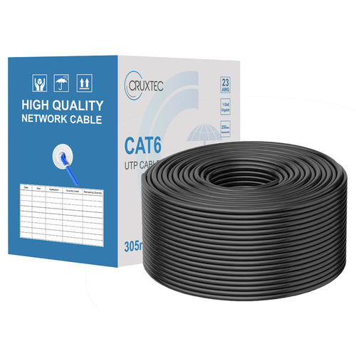 Cruxtec Cat6 UTP Networking Cable Roll - 305m - Black - 23AWG Solid -  O.D 6.2mm - Fluke Tested