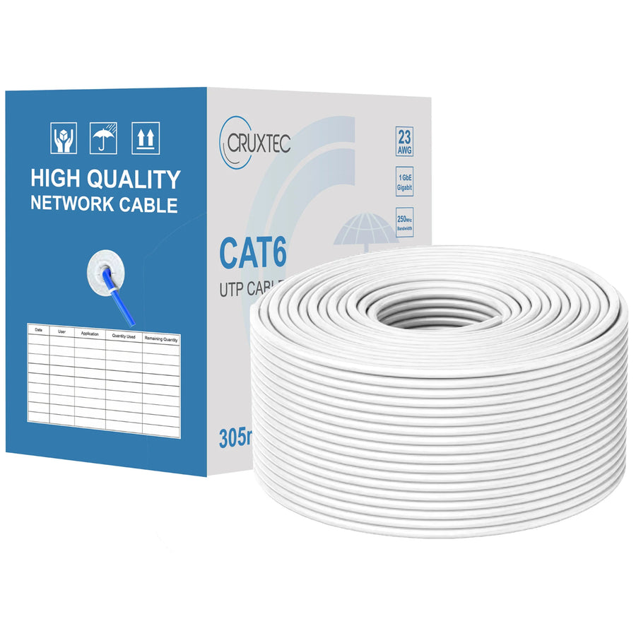 Cruxtec Cat6 UTP Networking Cable Roll - 305m - White - 23AWG Solid -  O.D 6.2mm - Fluke Tested