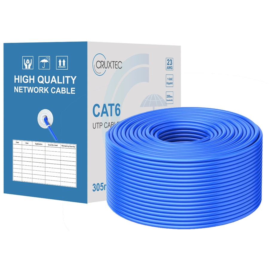 Cruxtec Cat6 UTP Networking Cable Roll - 305m - Blue - 23AWG Solid -  O.D 6.2mm - Fluke Tested