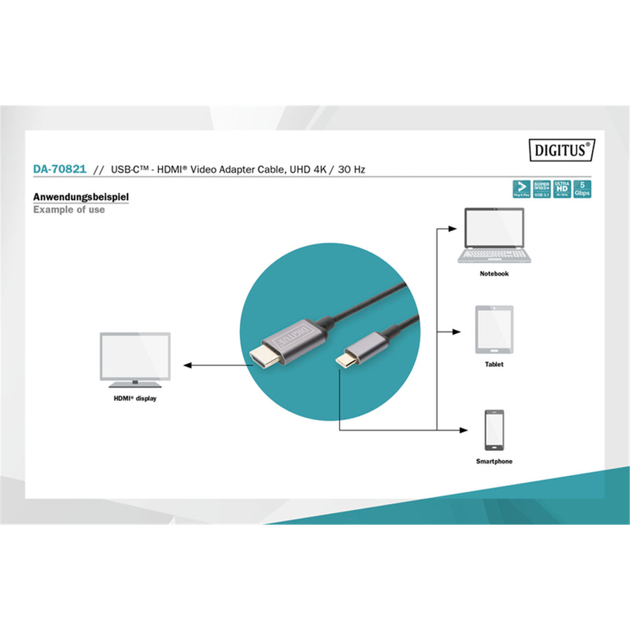 DA-70821 - Digitus Type-C to HDMI Cable 1.8m 4K/30Hz