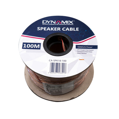 DYNAMIX CA-SPK18-100 - 100m 18AWG PVC Speaker Cable Bare Copper Transparent Colour w/ Red Stripe Meter Marked