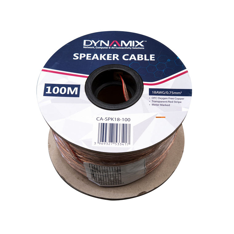 DYNAMIX CA-SPK18-100 - 100m 18AWG PVC Speaker Cable Bare Copper Transparent Colour w/ Red Stripe Meter Marked