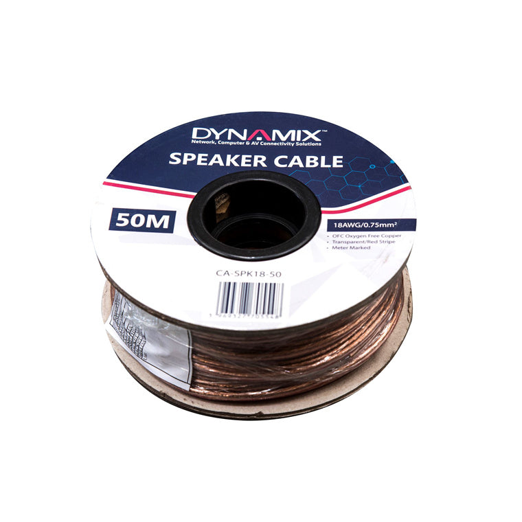 DYNAMIX CA-SPK18-50 - 50m 18AWG PVC Speaker Cable Bare Copper Transparent Colour w/ Red Stripe Meter Marked