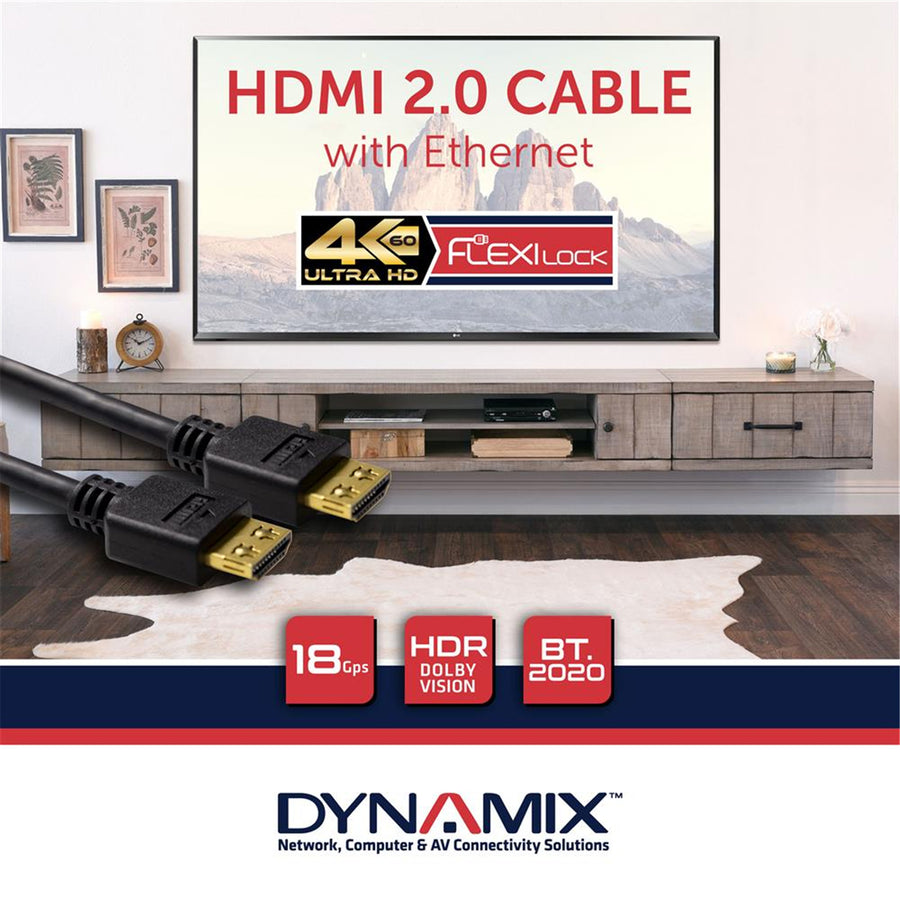 DYNAMIX C-HDMI2FL-0 - 0.5m HDMI High Speed 18Gbps Flexi Lock Cable w/ Ethernet. Max Res: 4K2K@60Hz