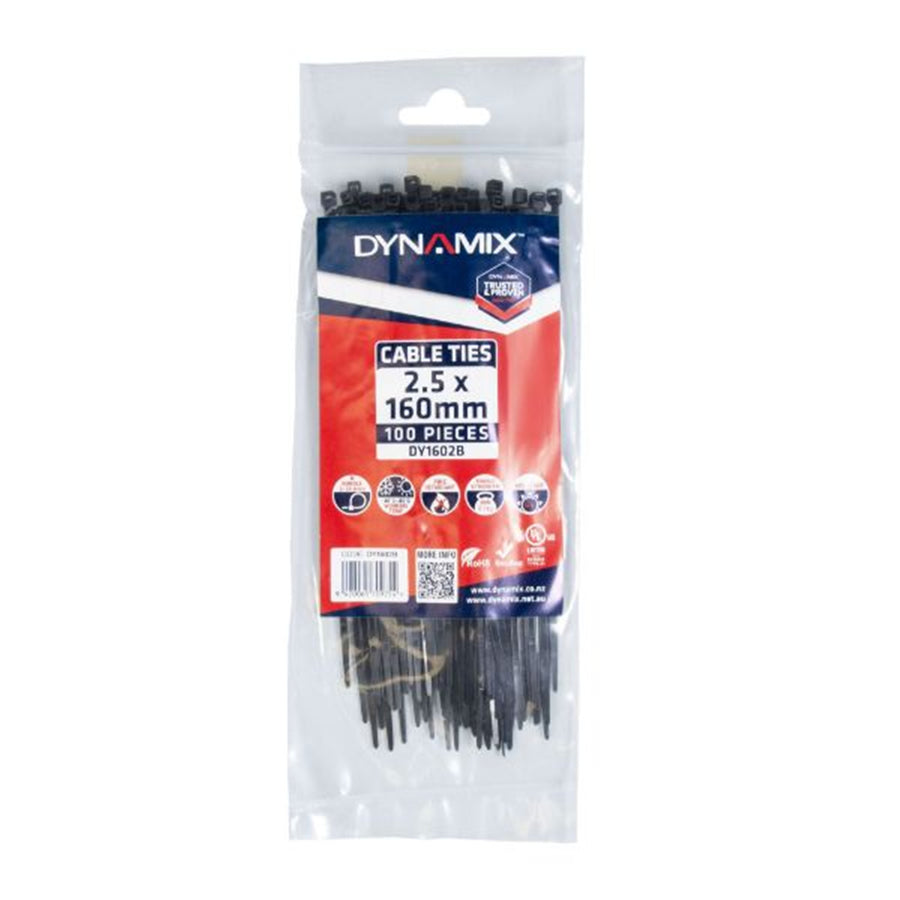 Dynamix  DY1602B 2.5 x 160mm UV Black Cable Ties. Pack of 100. 80N/8.1kgs Tensile Strength.