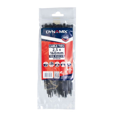 Dynamix  DY1602B 2.5 x 160mm UV Black Cable Ties. Pack of 100. 80N/8.1kgs Tensile Strength.