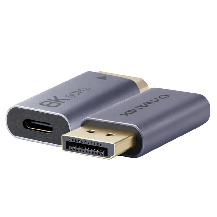 DYNAMIX A-U4C-DPM – USB-C 4.0 Buchse auf DisplayPort Stecker Adapter. Unterstützt USB 4. Silbernes Aluminiumgehäuse.