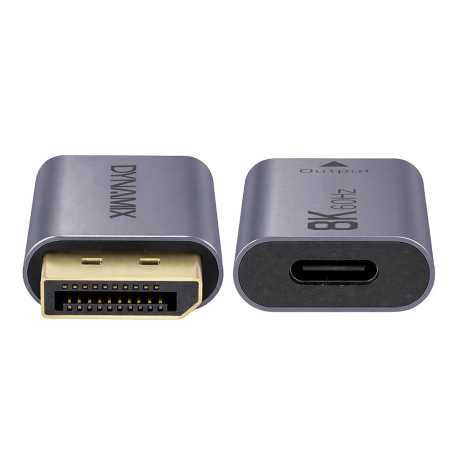 DYNAMIX A-U4C-DPM – USB-C 4.0 Buchse auf DisplayPort Stecker Adapter. Unterstützt USB 4. Silbernes Aluminiumgehäuse.