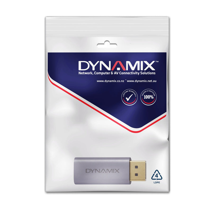 DYNAMIX A-U4C-DPM – USB-C 4.0 Buchse auf DisplayPort Stecker Adapter. Unterstützt USB 4. Silbernes Aluminiumgehäuse.