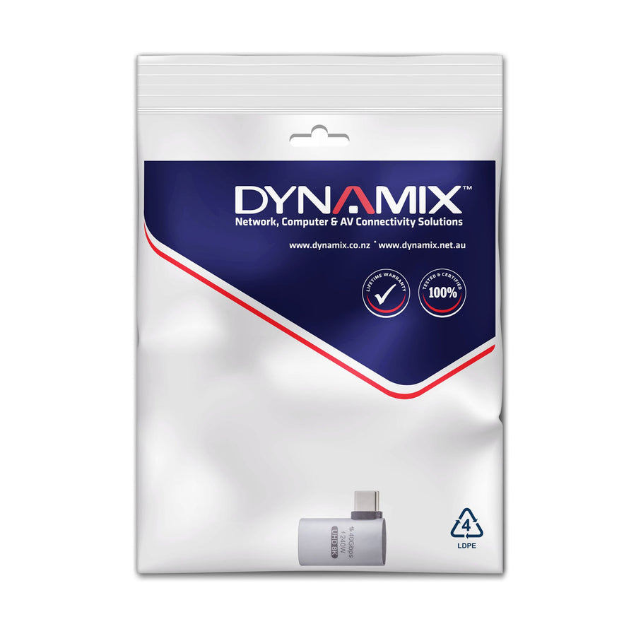 DYNAMIX A-U4C-MFR – USB-C Winkeladapter Stecker/Buchse. Unterstützt USB4.0, silbernes Aluminiumgehäuse.