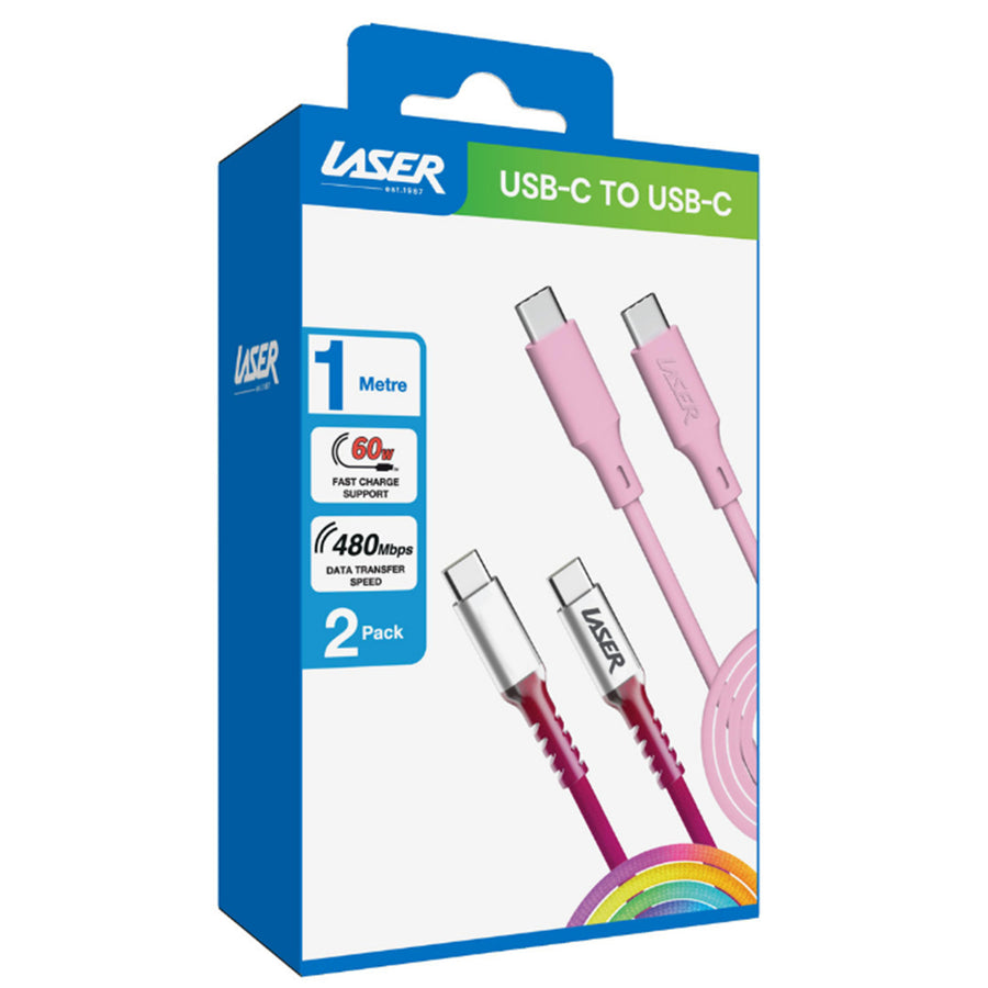 Laser CB-UC1RP3-174 USB-C to USB-C 1m TwinPack Cables Rainbow/Pink