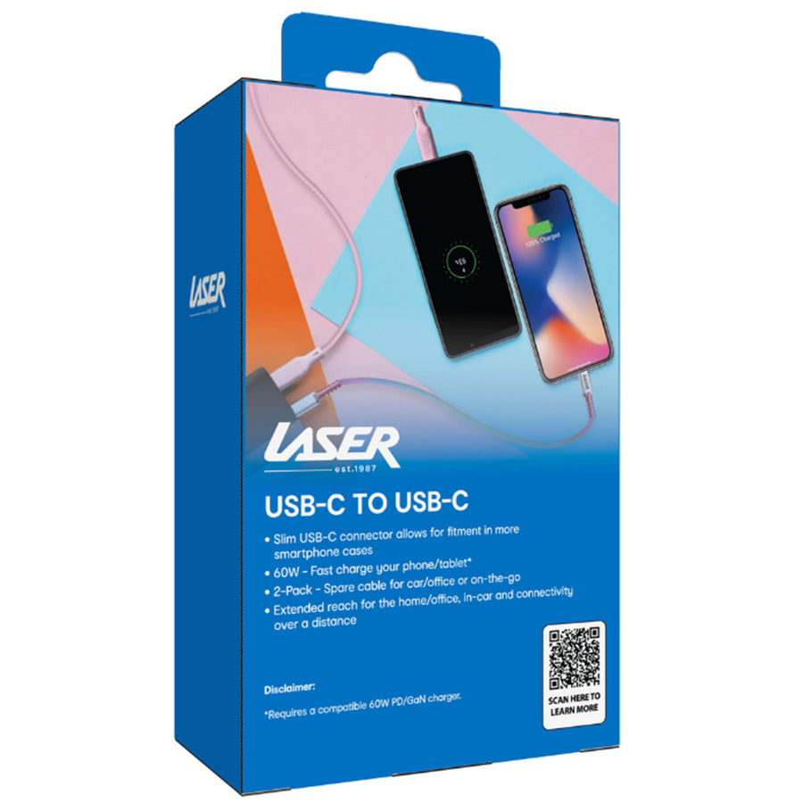 Laser CB-UC1RP3-174 USB-C to USB-C 1m TwinPack Cables Rainbow/Pink