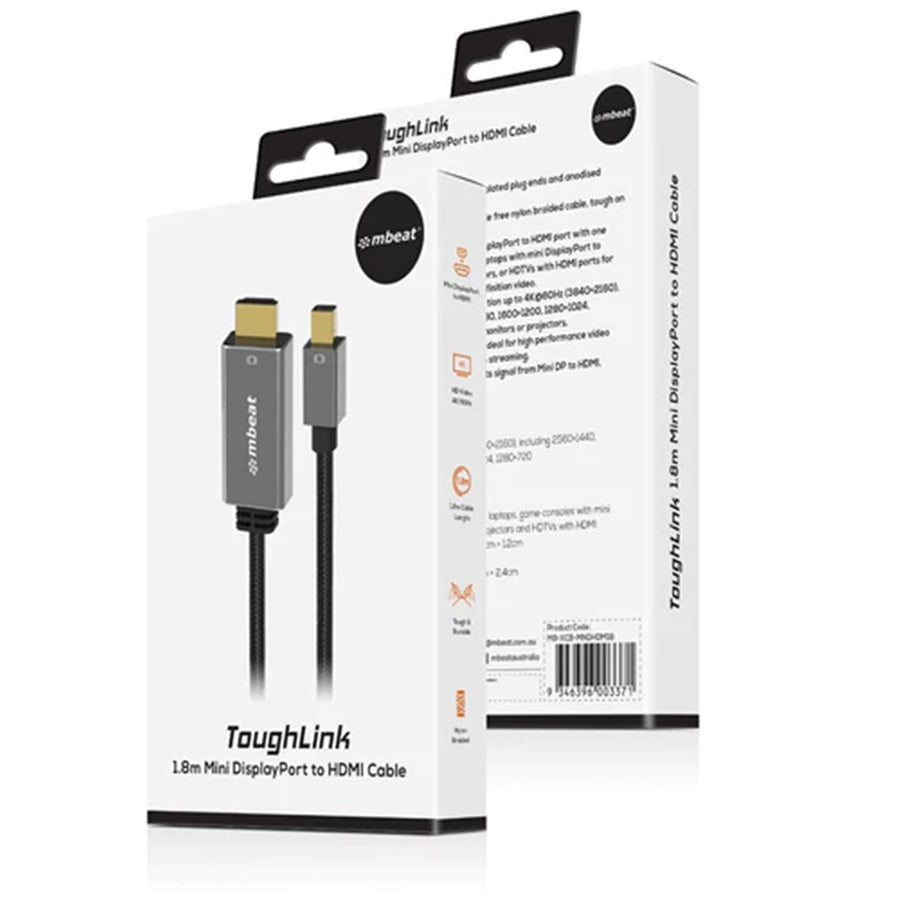 MB-XCB-MNDHDM18 - Mbeat Tough Link 1.8m Mini DisplayPort to HDMI Cable - Space Grey