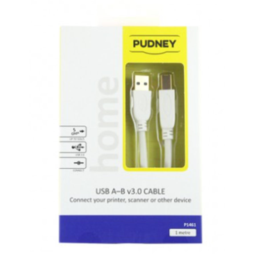 Pudney Home P1461 - Pudney USB A Plug to USB B Plug v3.0, 1 Metre – White