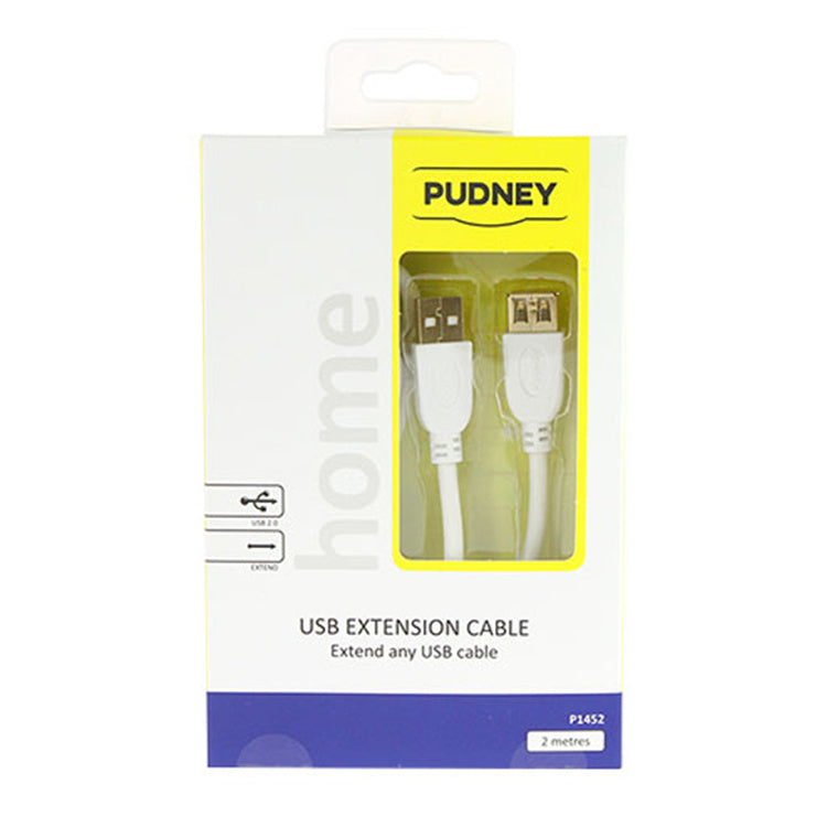 Pudney Home P1452 – Pudney USB A Stecker auf USB A Buchse v2.0, 2 Meter – Weiß