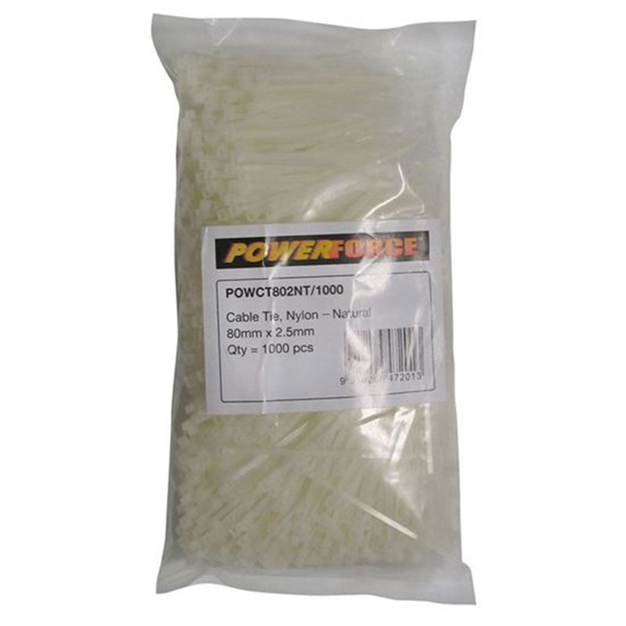 POWERFORCE POWCT802NT-1000 - 2.5 x 80mm Natural Cable Ties Pack of 1000 8kgs Tensile Strength