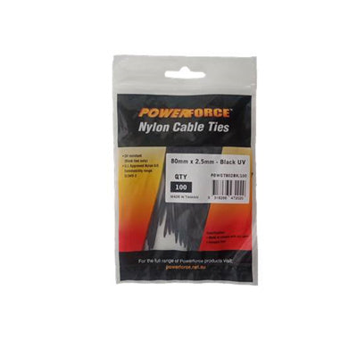 POWERFORCE POWCT802BK-100 - 2.5 x 80mm Black UV Cable Ties Pack of 100 8kgs Tensile Strength