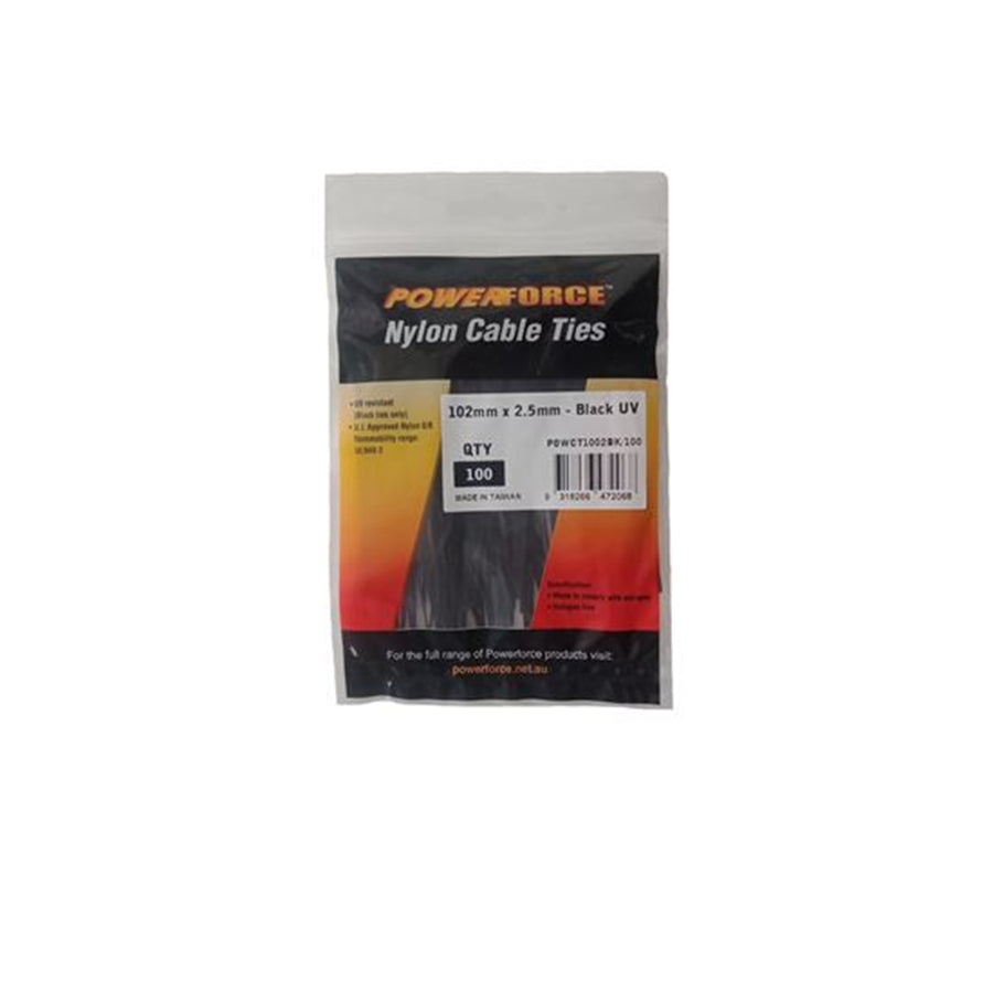 POWERFORCE POWCT1002BK-100 - 2.5 x 102mm Black UV Cable Ties Pack of 100 8kgs Tensile Strength