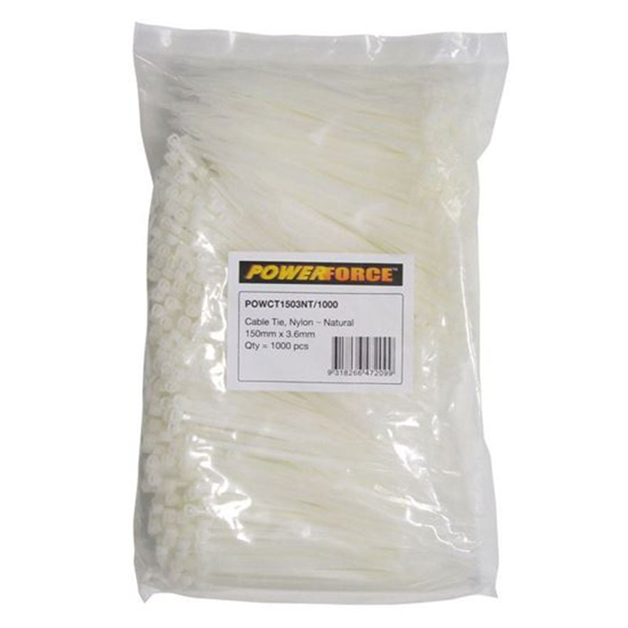 POWERFORCE POWCT1503NT-1000 - 3.6 x 150mm Natural Cable Ties Pack of 1000 18kgs Tensile Strength
