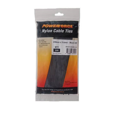 POWERFORCE POWCT1503BK-100 - 3.6 x 150mm Black UV Cable Ties Pack of 100 18kgs Tensile Strength