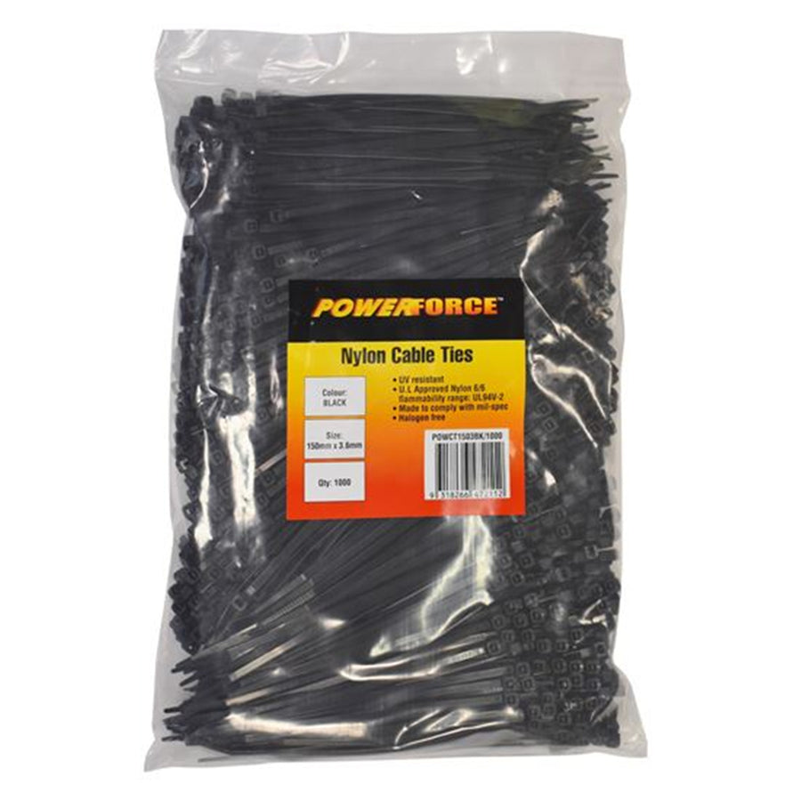 POWERFORCE POWCT1503BK-1000 - 3.6 x 150mm Black UV Cable Ties Pack of 1000 18kgs Tensile Strength