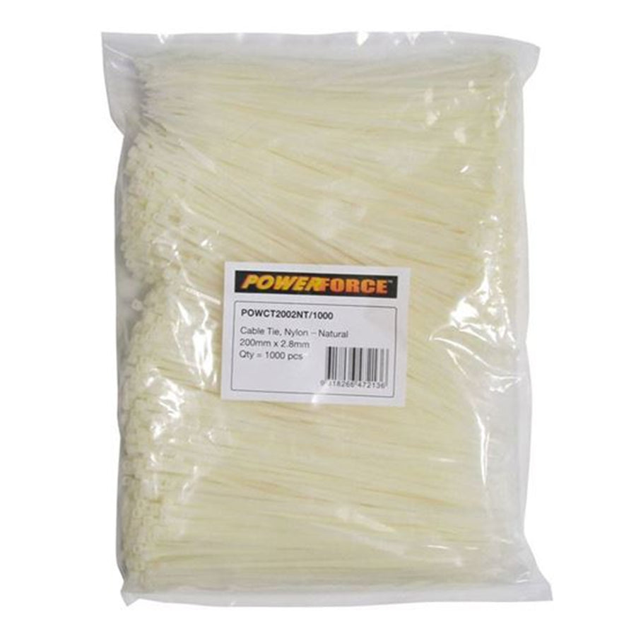 POWERFORCE POWCT2002NT-1000 - 2.8 x 200mm Natural Cable Ties Pack of 1000 8kgs Tensile Strength