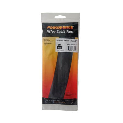 POWERFORCE POWCT2002BK-100 - 2.8 x 200mm Black UV Cable Ties Pack of 100 8kgs Tensile Strength