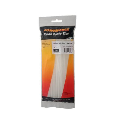 POWERFORCE POWCT2004NT-100 - 4.8 x 200mm Natural Cable Ties Pack of 100 22kgs Tensile Strength